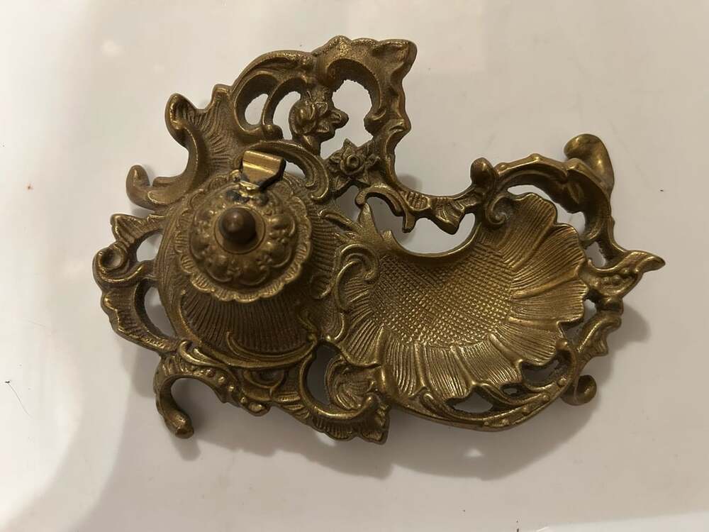 Vintage Ornate Brass Inkwell Pen Tray Writing Accessory